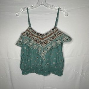 American Eagle Green Paisley Ruffle Tank